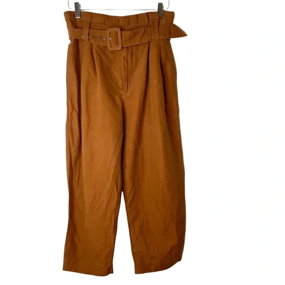 Zara Brown Paper Bag Cropped Linen Pants High Rise Medium - Picture 3 of 7
